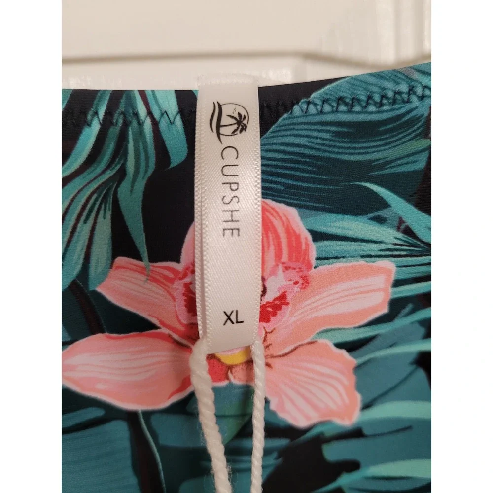 Cupshe Tropical Floral High Waisted Bikini Bottom Pink Orchid Leaves XL NWT